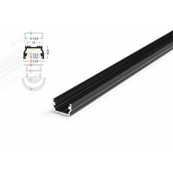 2 meter led aluprofil einputz flach schwarz eloxiert ohne abdeckung serie m