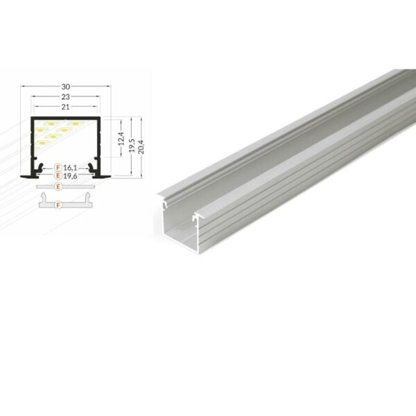 2 meter led profil einbau tief natureloxiert silber ohne abdeckung 21mm serie l