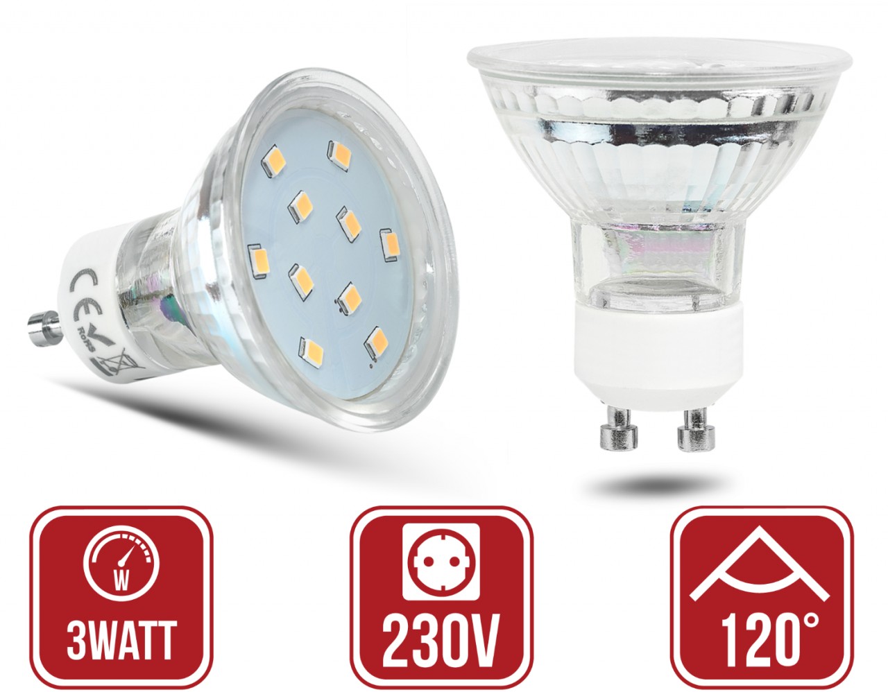 gu10 3watt glas led smd 120grad 2700kelvin 4000kelvin